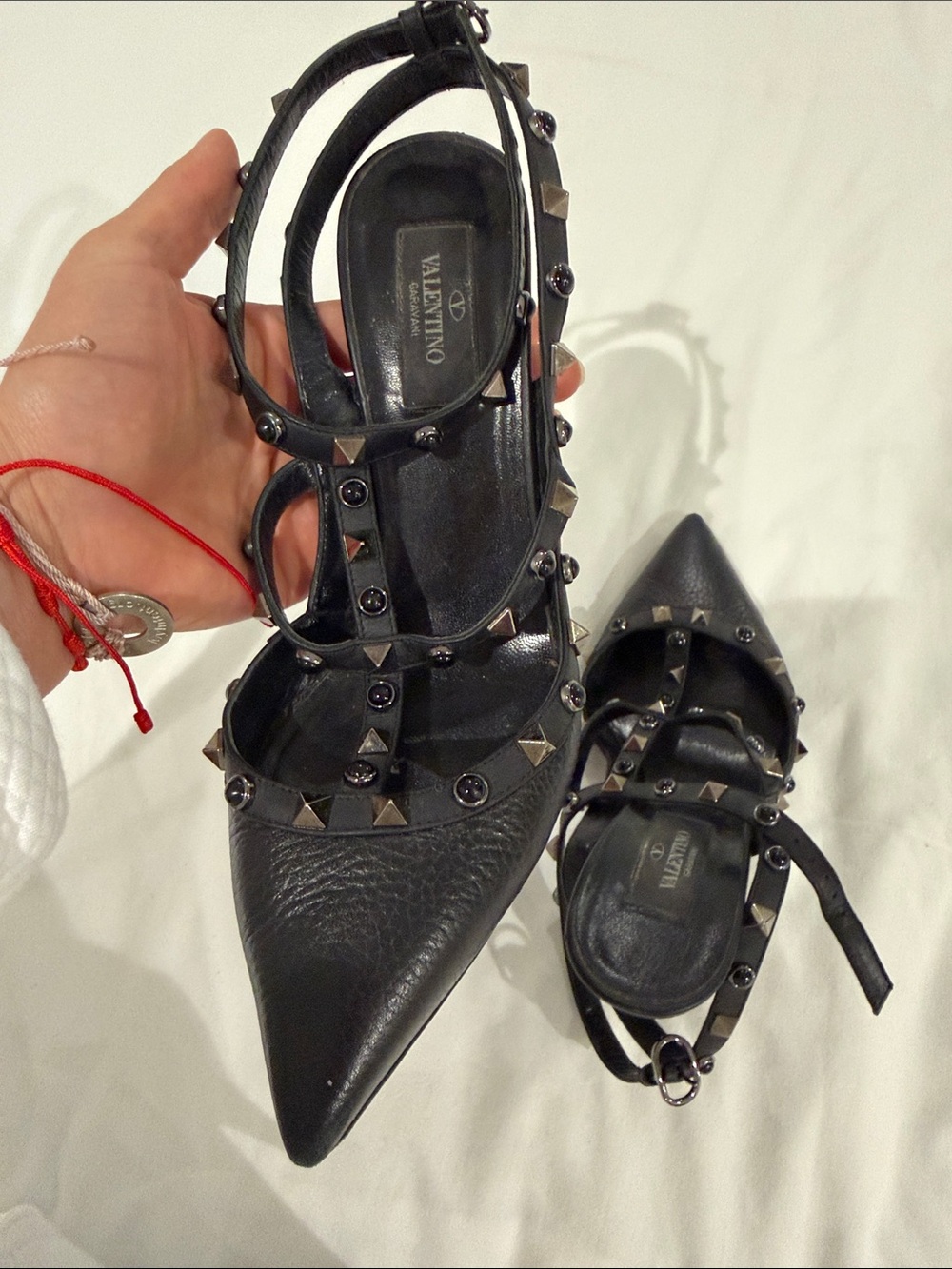 Valentino Black Pointed Leather Rockstud Strappy Flats